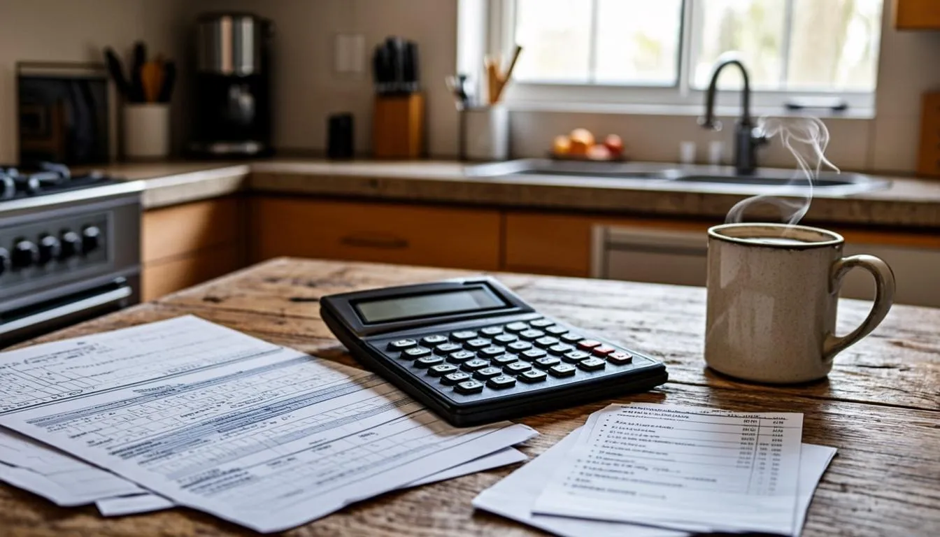 Paycheck and calculator on a kitchen table next to a grocery list