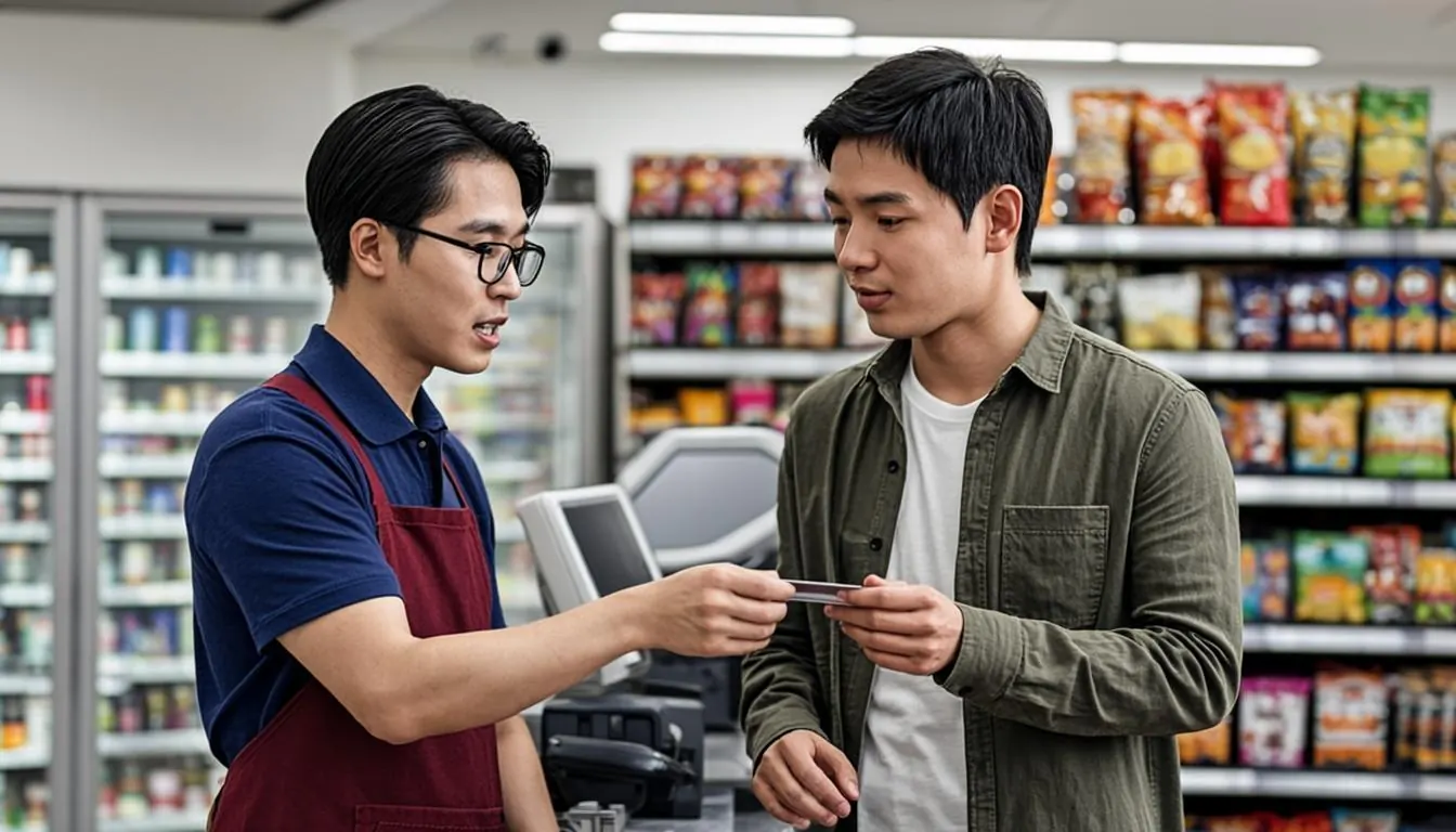Clerk ringing up snacks and cold drinks at a gas station convenience store counter
