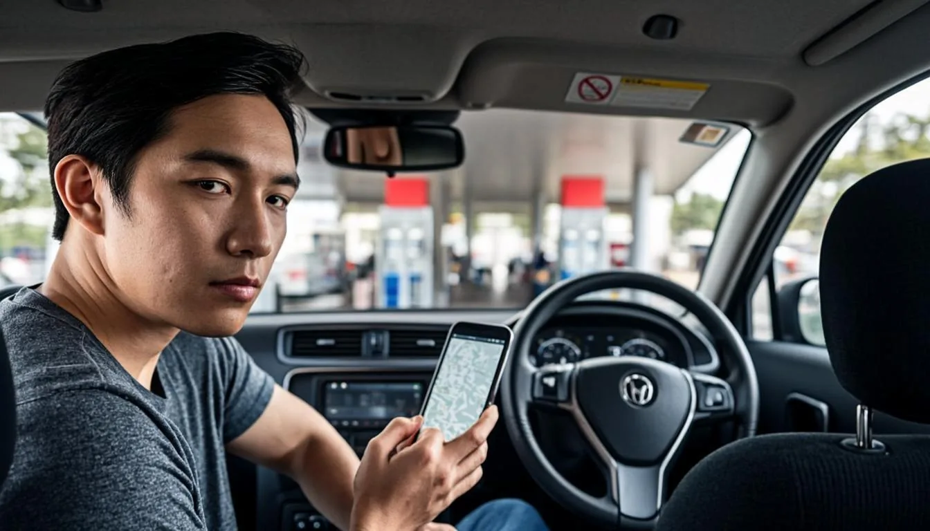 Traveler checking a route map on a phone inside a car before entering a travel center