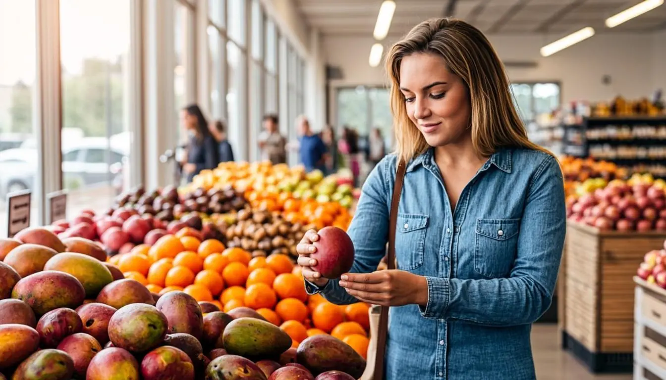 Shopper comparing fruit prices in a vibrant grocery store produce section