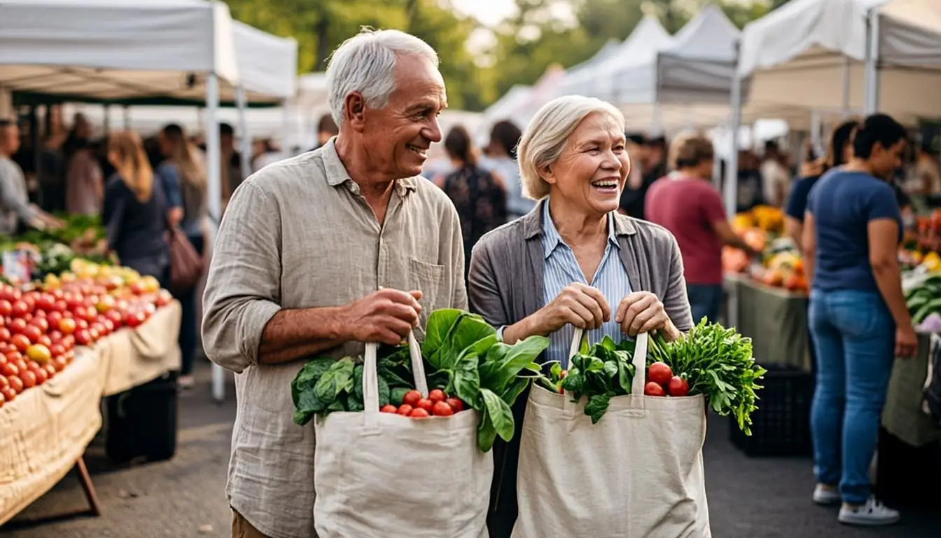 Senior couple carrying reusable bags of fresh vegetables at an outdoor farmers market