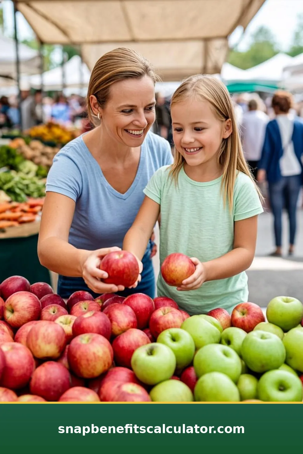 Mother and child choosing fresh fruit in the produce aisle