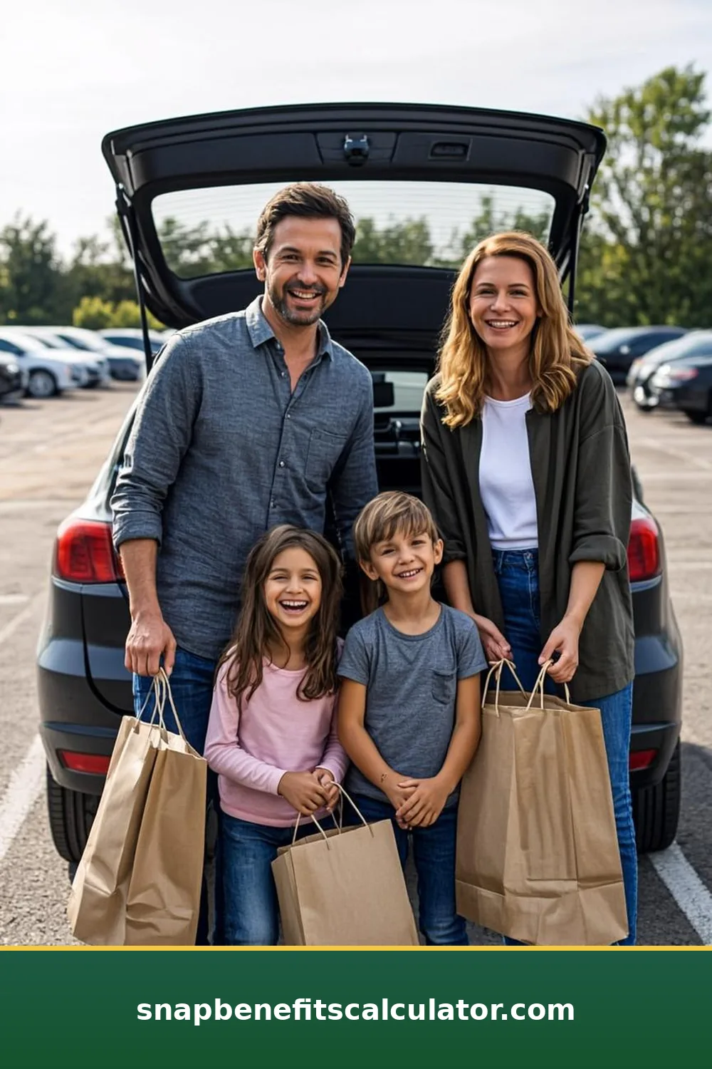 Family loading paper grocery bags into the back of their car
