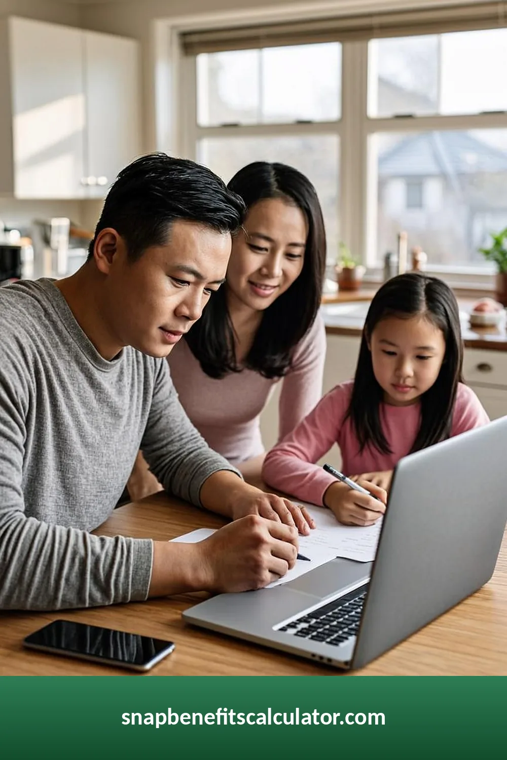 Filling out a SNAP benefits application form at a kitchen table