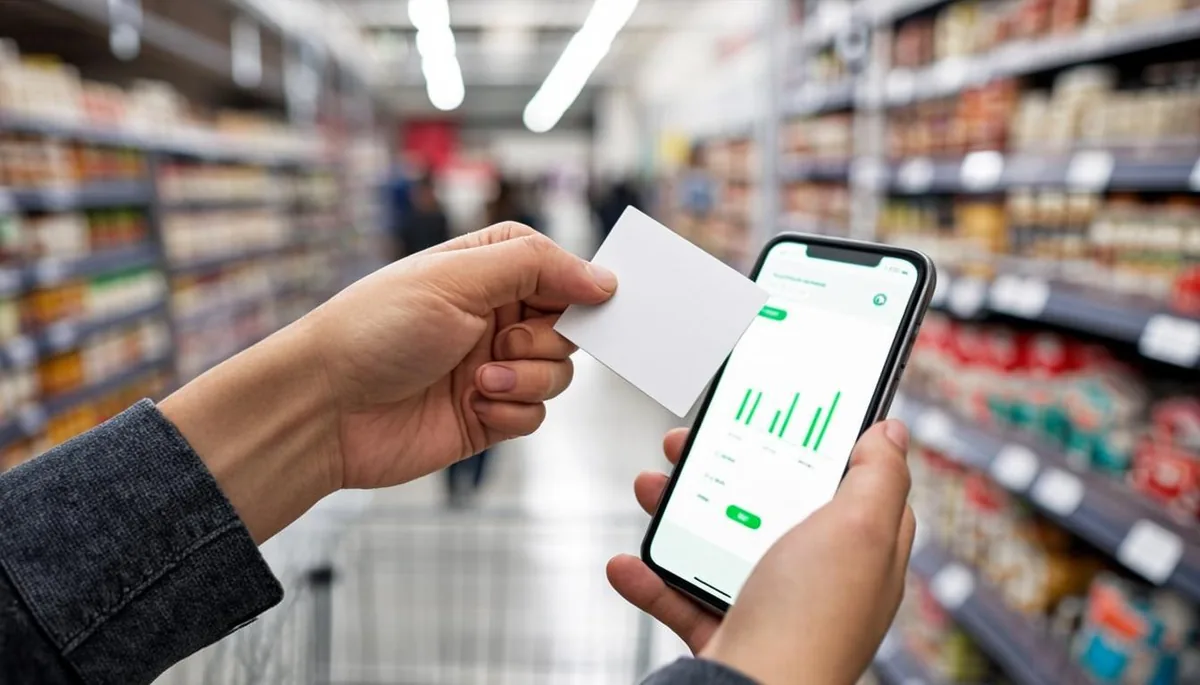 Shopper checking a Georgia EBT card balance on a phone in a grocery store