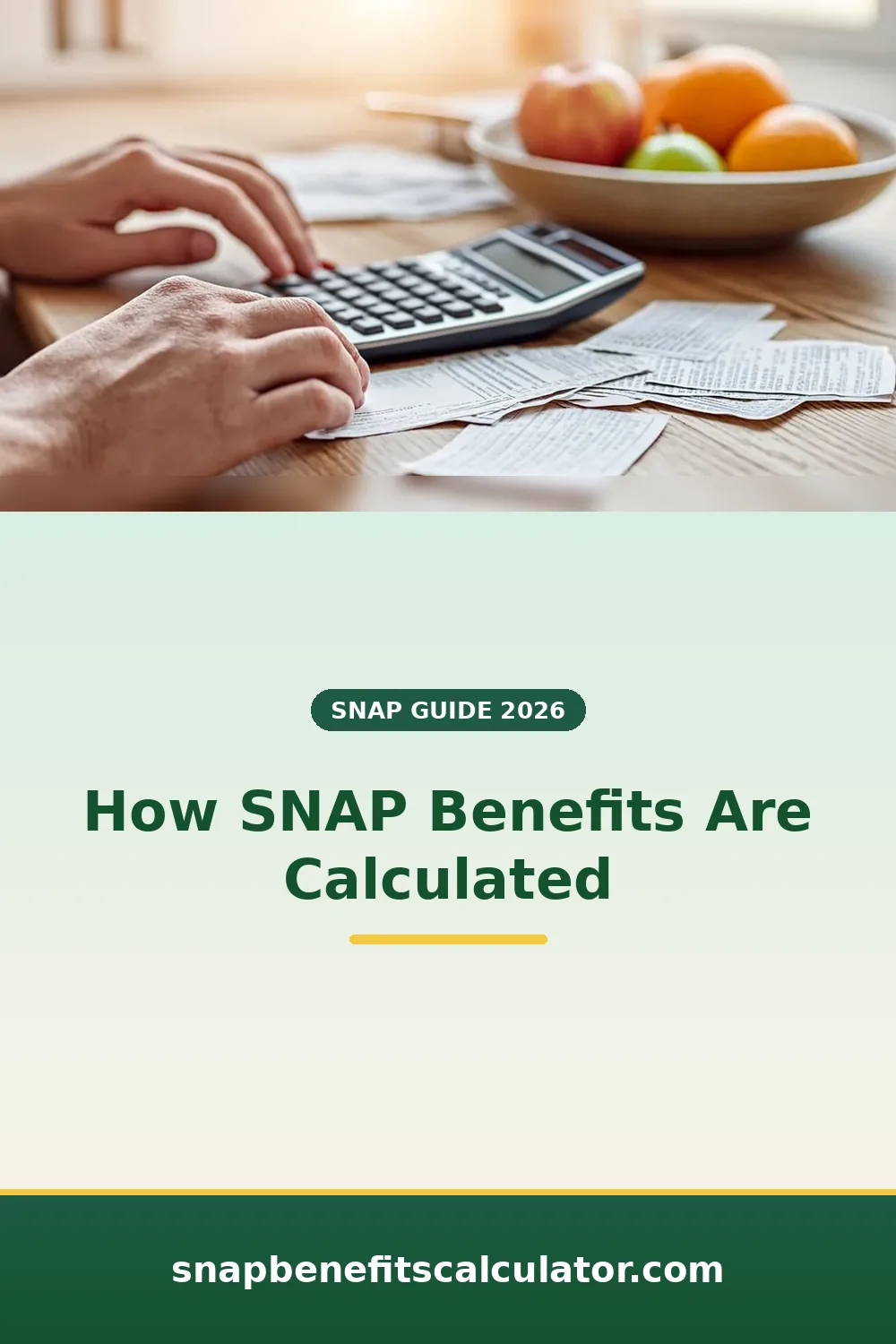 Hands using a calculator beside grocery receipts and a bowl of fruit on a wooden table