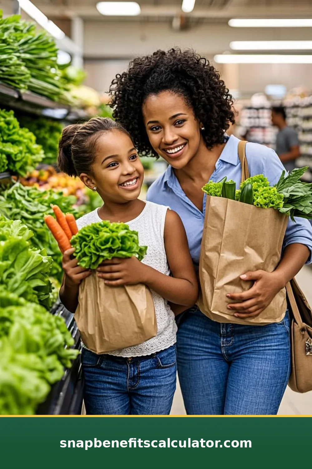 Mother and child unpacking paper grocery bags with fresh produce on a kitchen counter