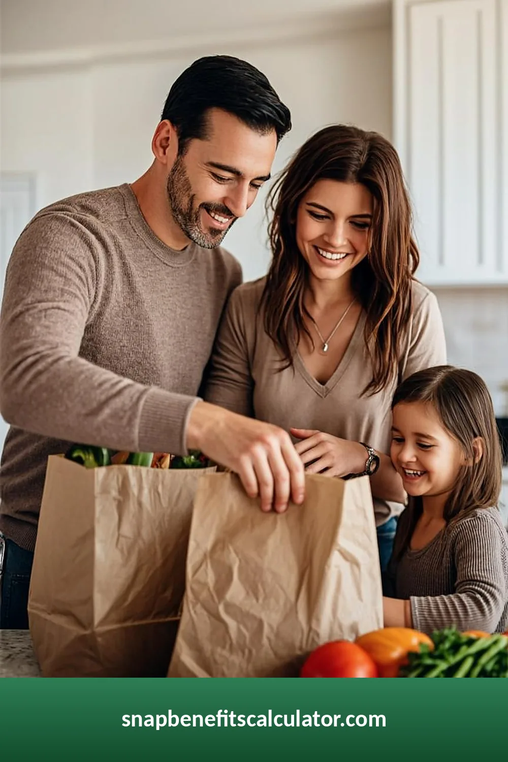 SNAP budget worked example: family of three earning $2,700 per month with $1,616 total deductions, $1,084 net income, approved for $474 per month