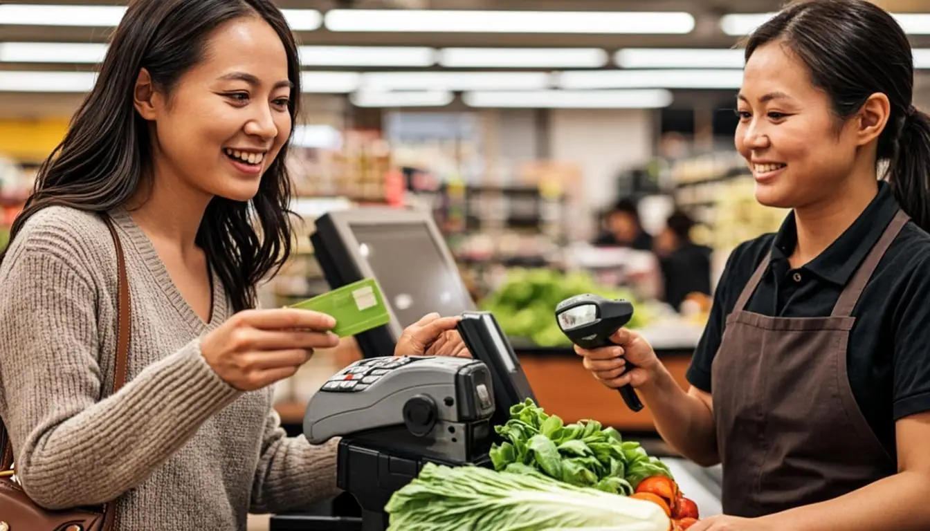 Customer tapping a benefits card on the terminal at a grocery checkout while the cashier scans vegetables