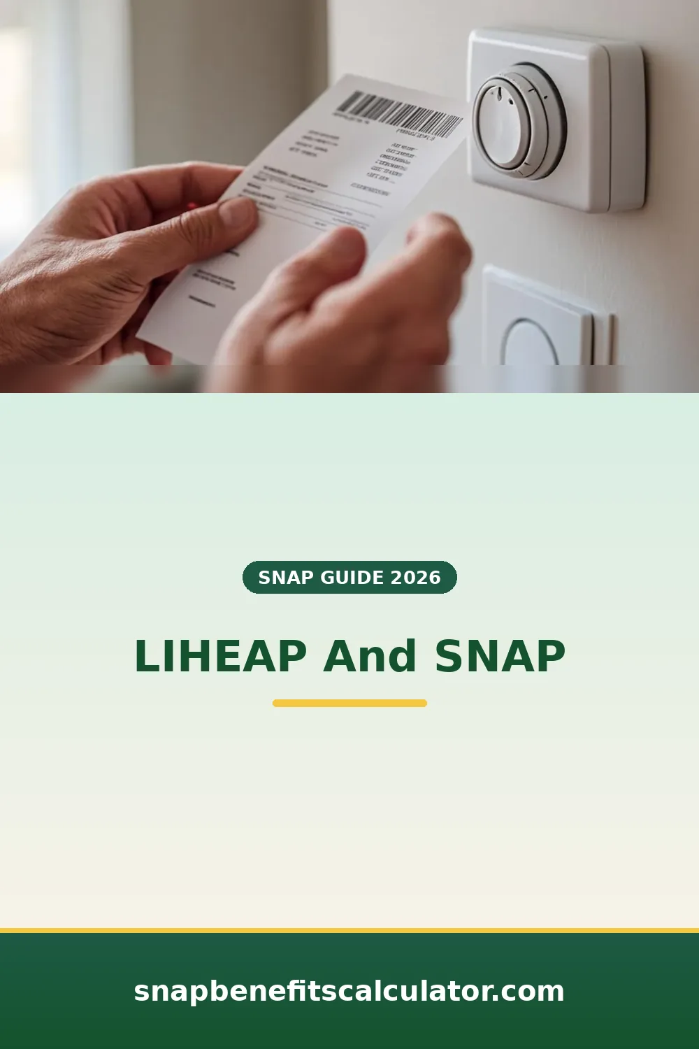 Hands holding a home heating bill next to a wall thermostat