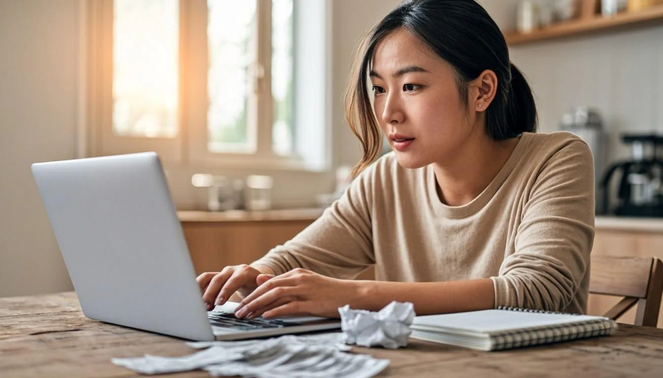 Person working out a monthly grocery budget on a laptop at a kitchen table