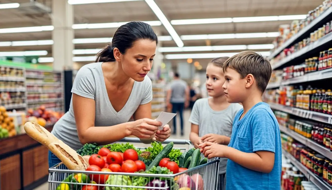 Mother with two children comparing prices in a bright supermarket aisle
