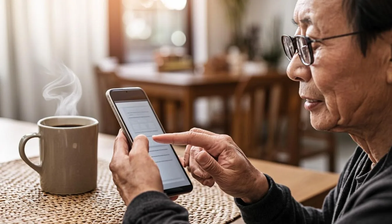 Hands holding a smartphone while filling out an online benefits application at home