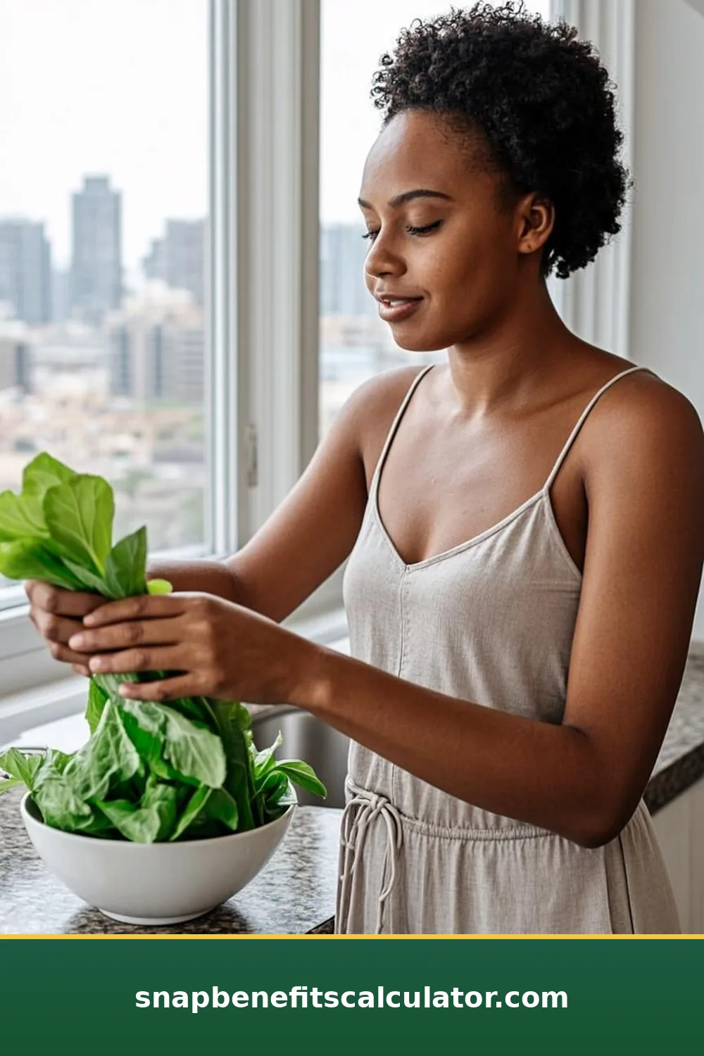 Apartment kitchen meal prep with a city view outside the window