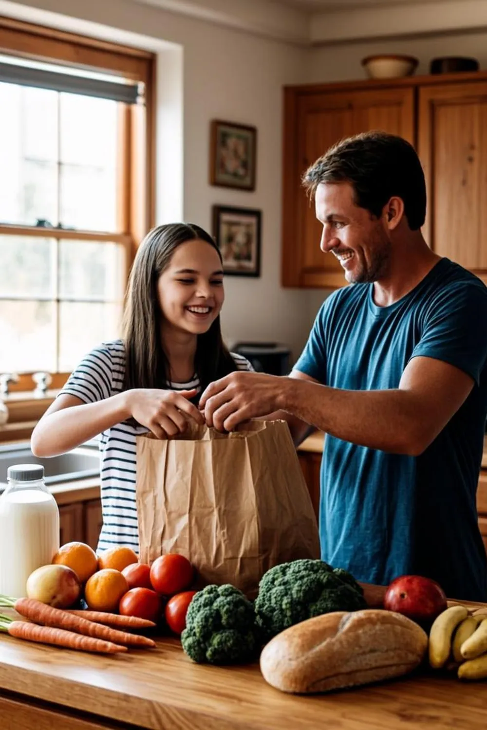 Father and daughter unpacking a paper bag of fresh groceries in a home kitchen