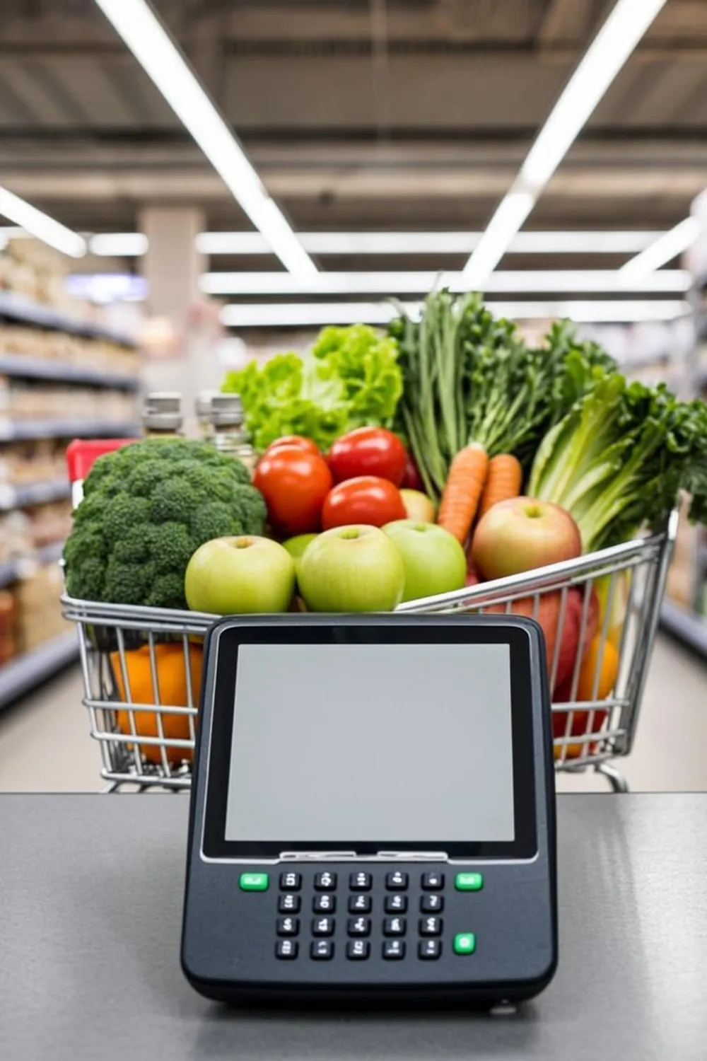 Supermarket checkout terminal in front of a cart loaded with fresh produce