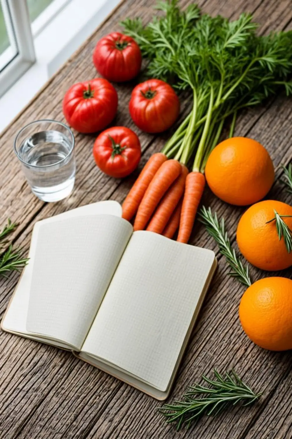 Weekly meal planning notebook surrounded by fresh tomatoes, carrots, and oranges