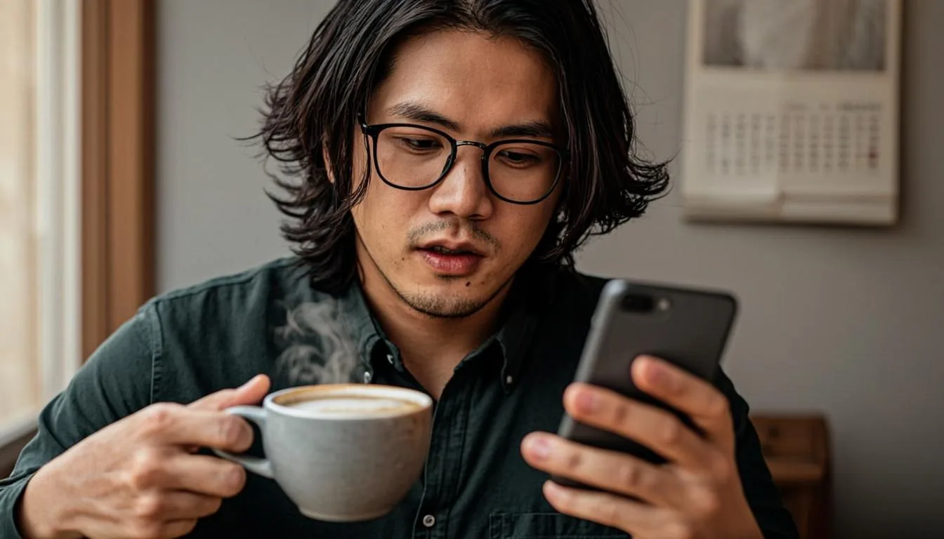 Person checking a benefits balance on a phone at a kitchen table in the morning