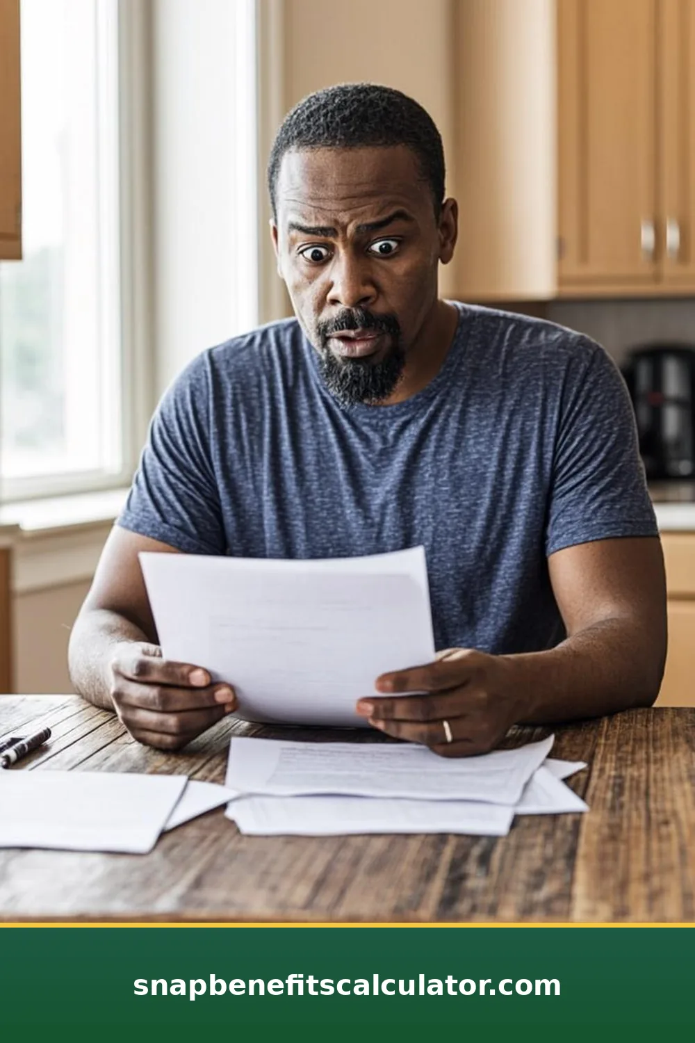 Shopper reading a long grocery receipt with a surprised expression at the store