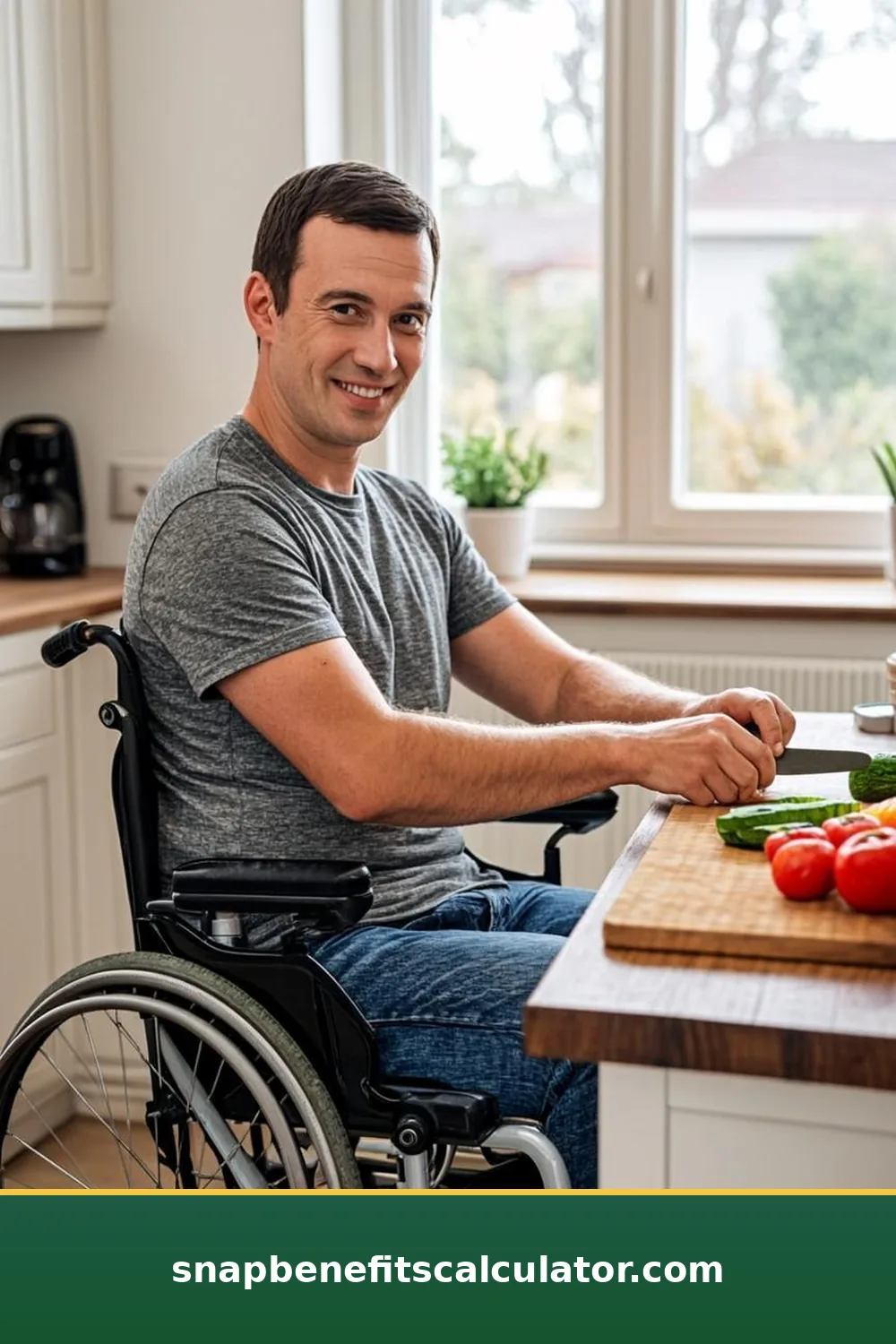 Wheelchair user cooking vegetables at an accessible kitchen counter with lowered sink