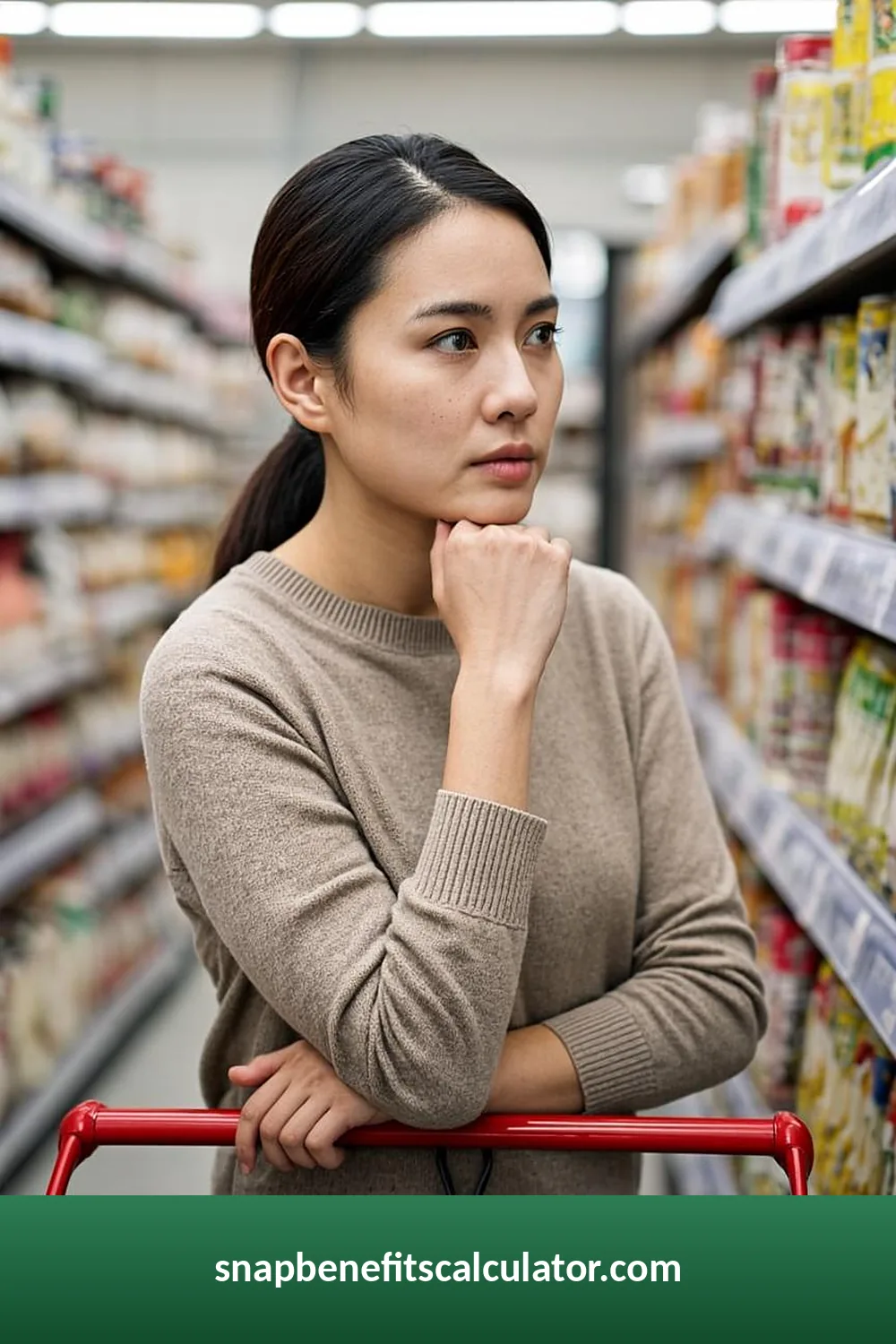 Shopper reviewing shelf price tags in a grocery store aisle