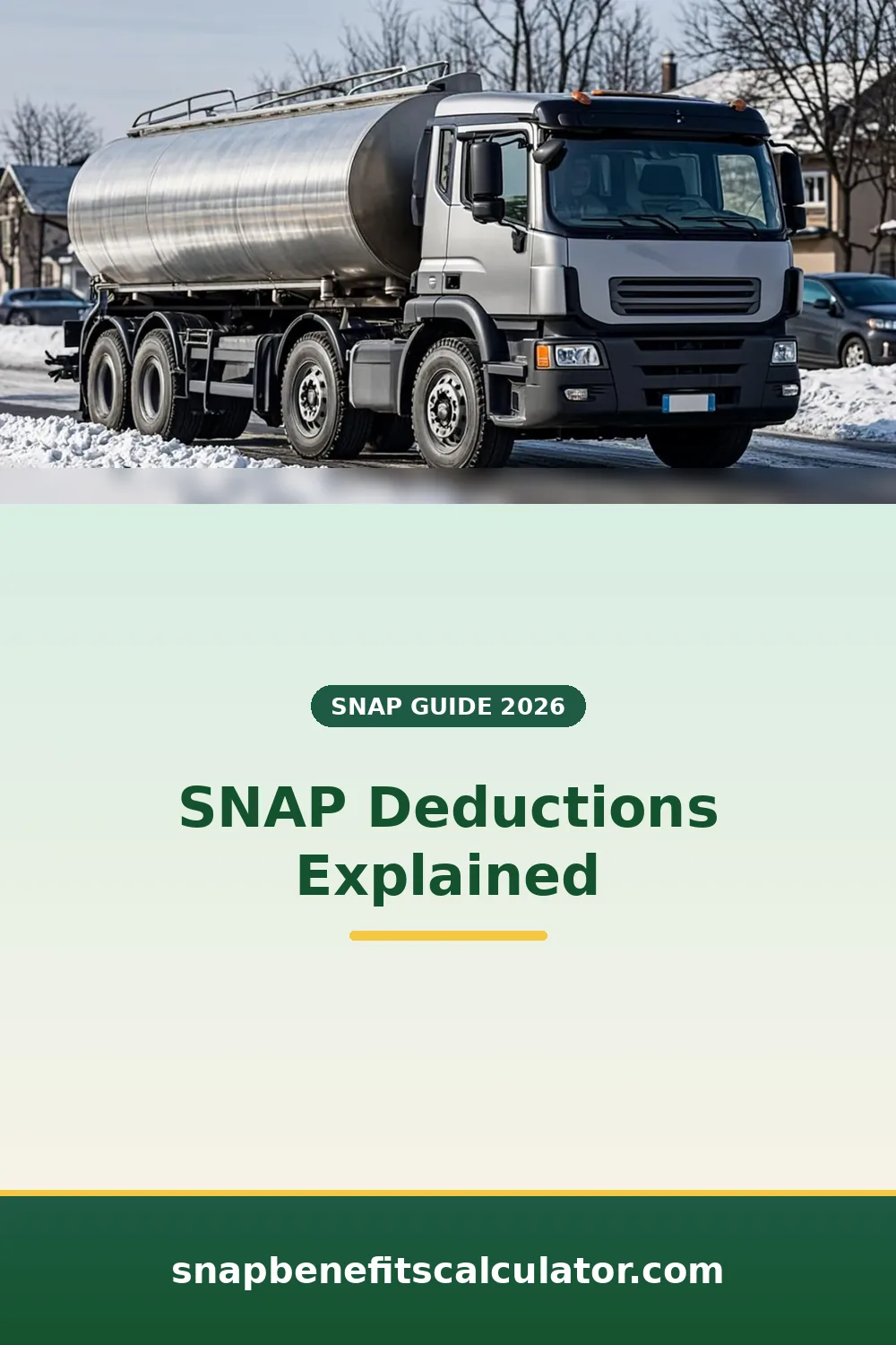 Heating oil delivery truck parked on a snowy residential street in winter
