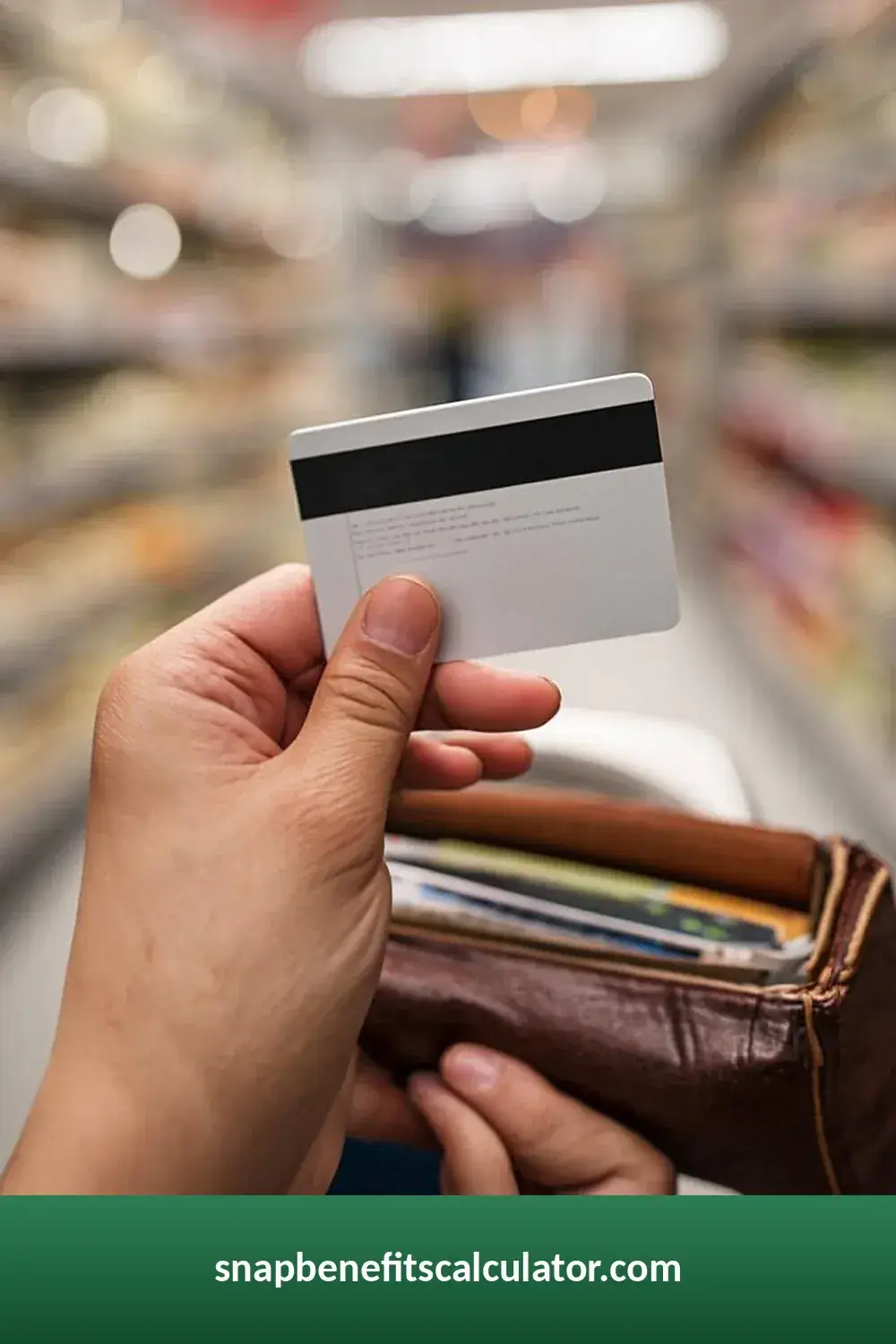 Hand pulling a benefits card from a leather wallet in a store