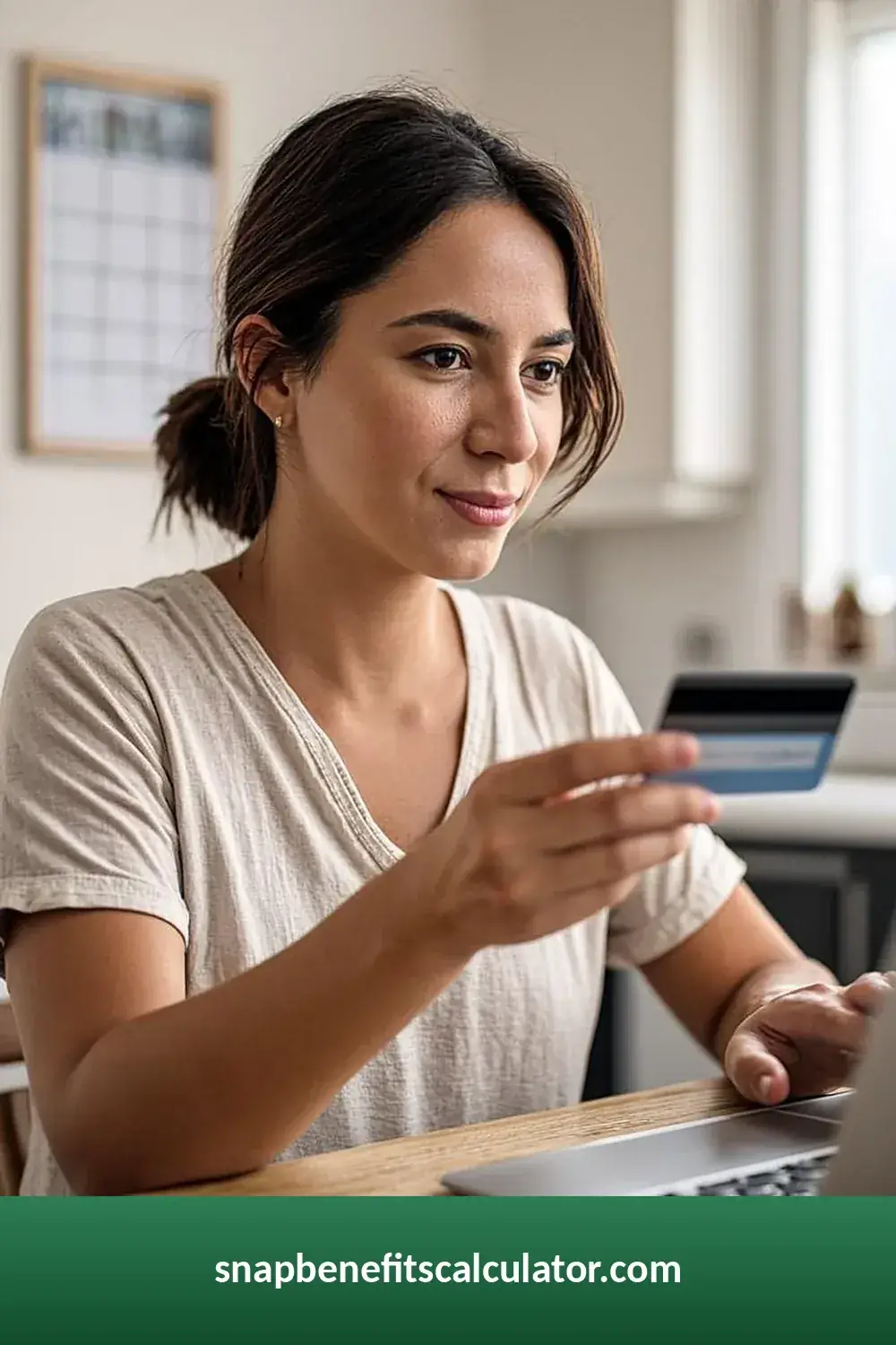 Woman holding her EBT card at a laptop with a calendar on the wall behind her