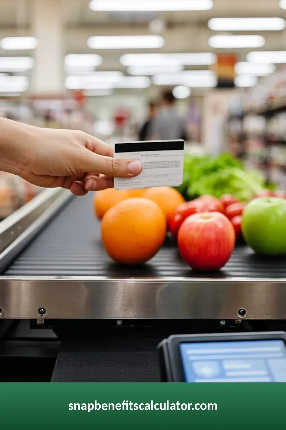 Hand holding an EBT card over a checkout belt with fresh produce