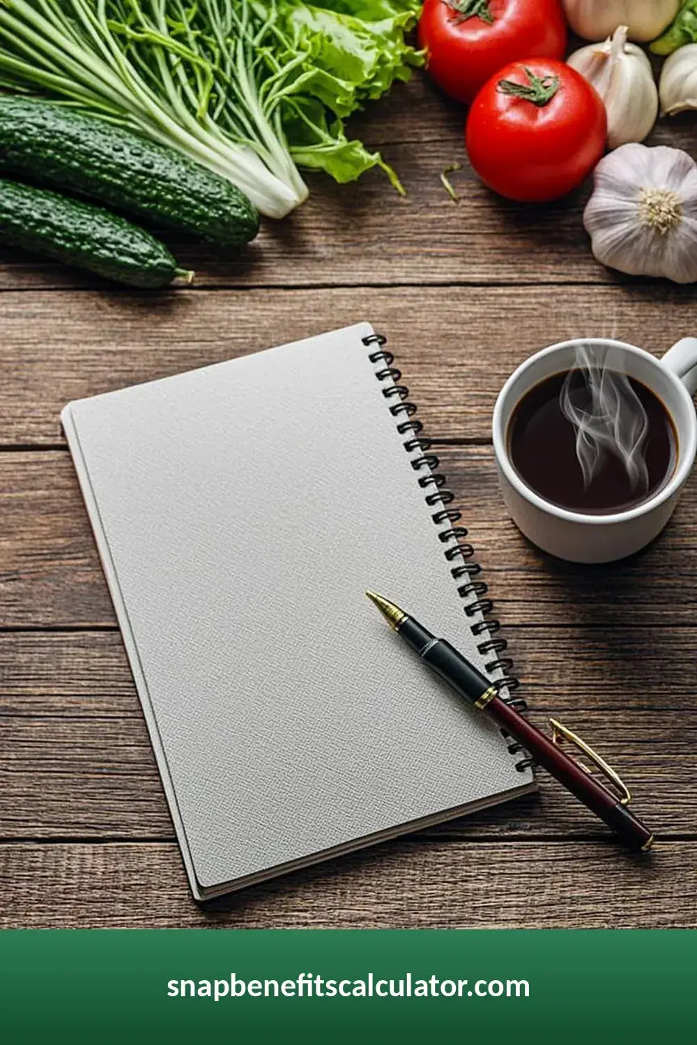 Weekly planner notebook beside fresh vegetables, coffee, and garlic on a wooden table