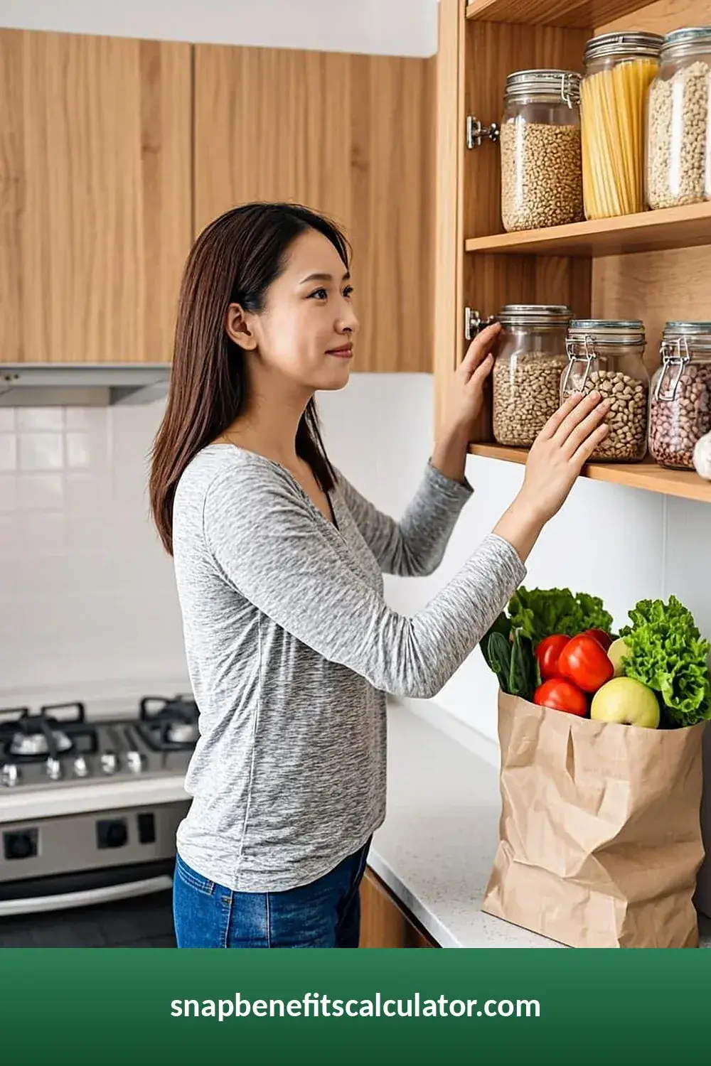 Woman organizing pantry jars with fresh groceries on the counter