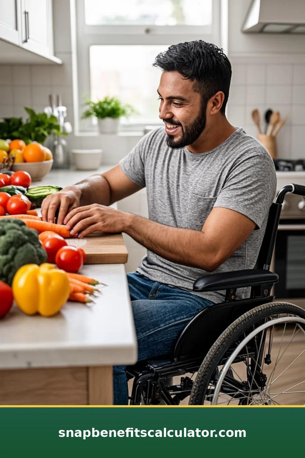 Wheelchair user preparing a meal at an accessible kitchen counter