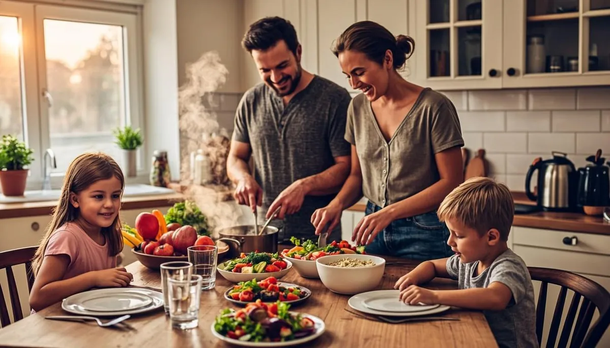 Parents budgeting groceries with two children at the kitchen table