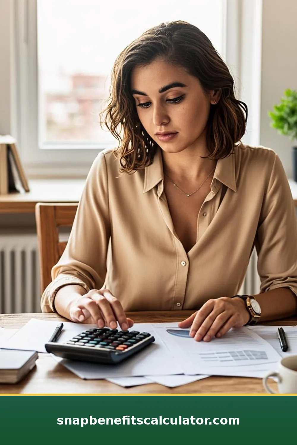 Mother calculating her monthly household budget with a calculator and notes