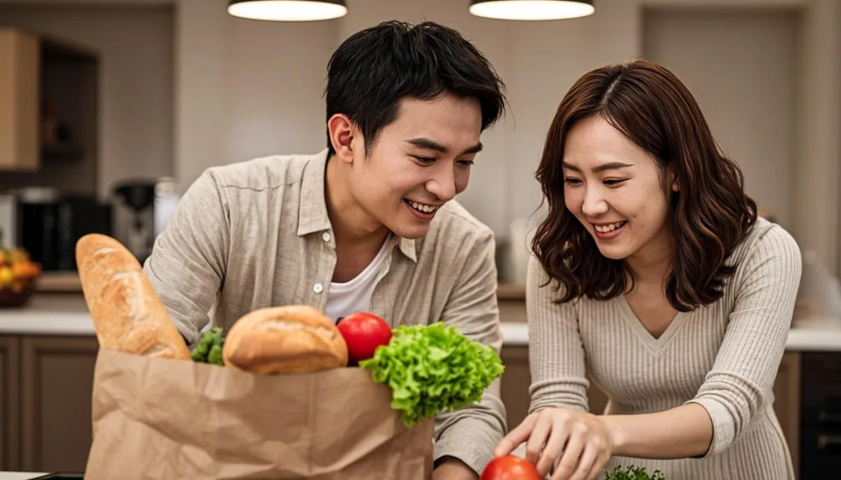 Couple unpacking one shared grocery bag with fresh bread and vegetables on a kitchen counter