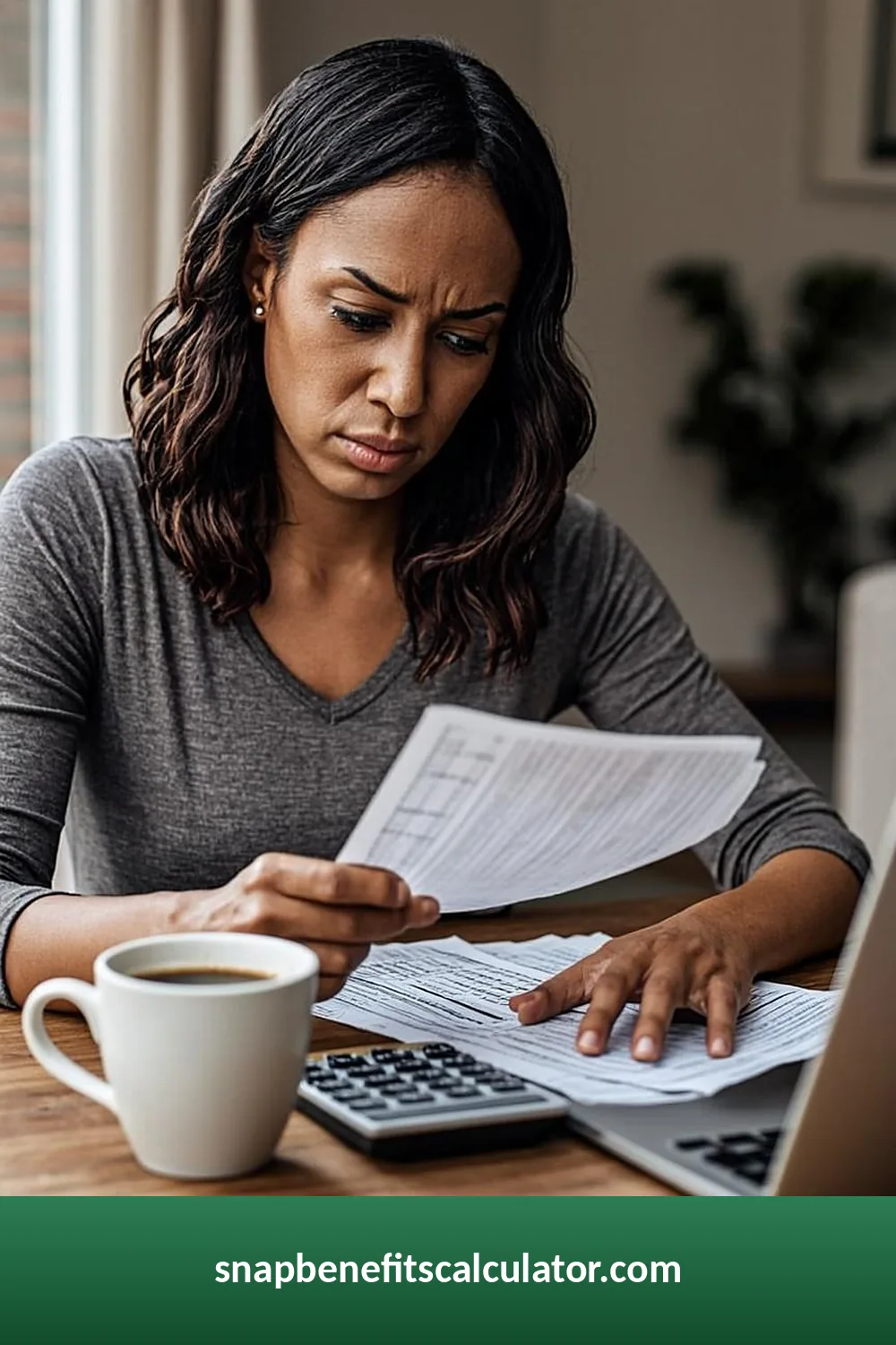Calculator, pay stub, and receipts laid out on a desk for a SNAP net income calculation