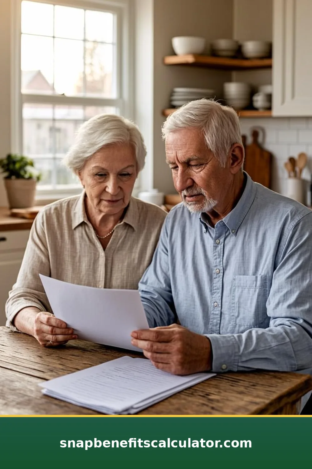 Senior couple reviewing a SNAP benefits letter together at their kitchen table