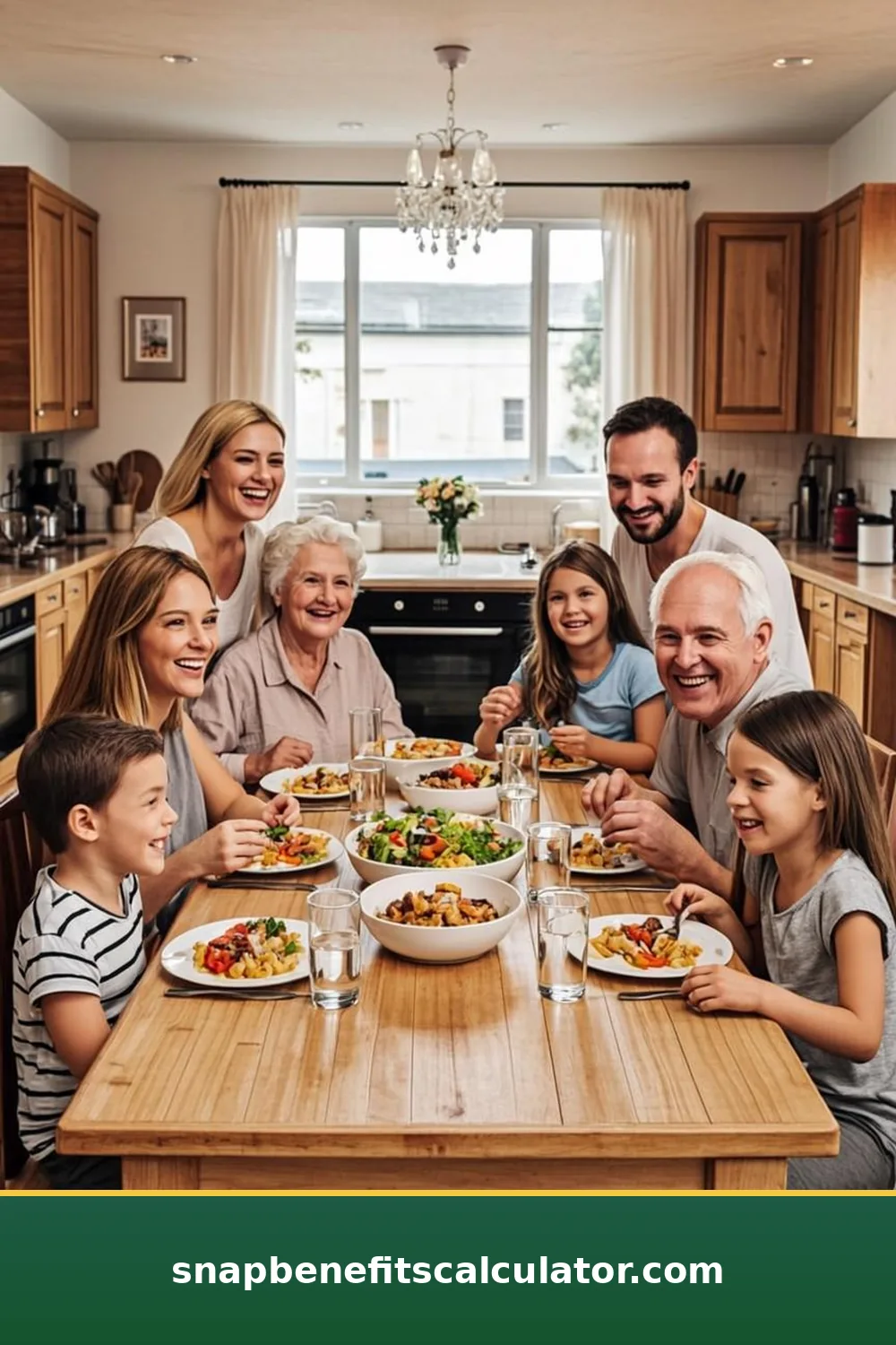Extended family sharing a meal together around a crowded dining table