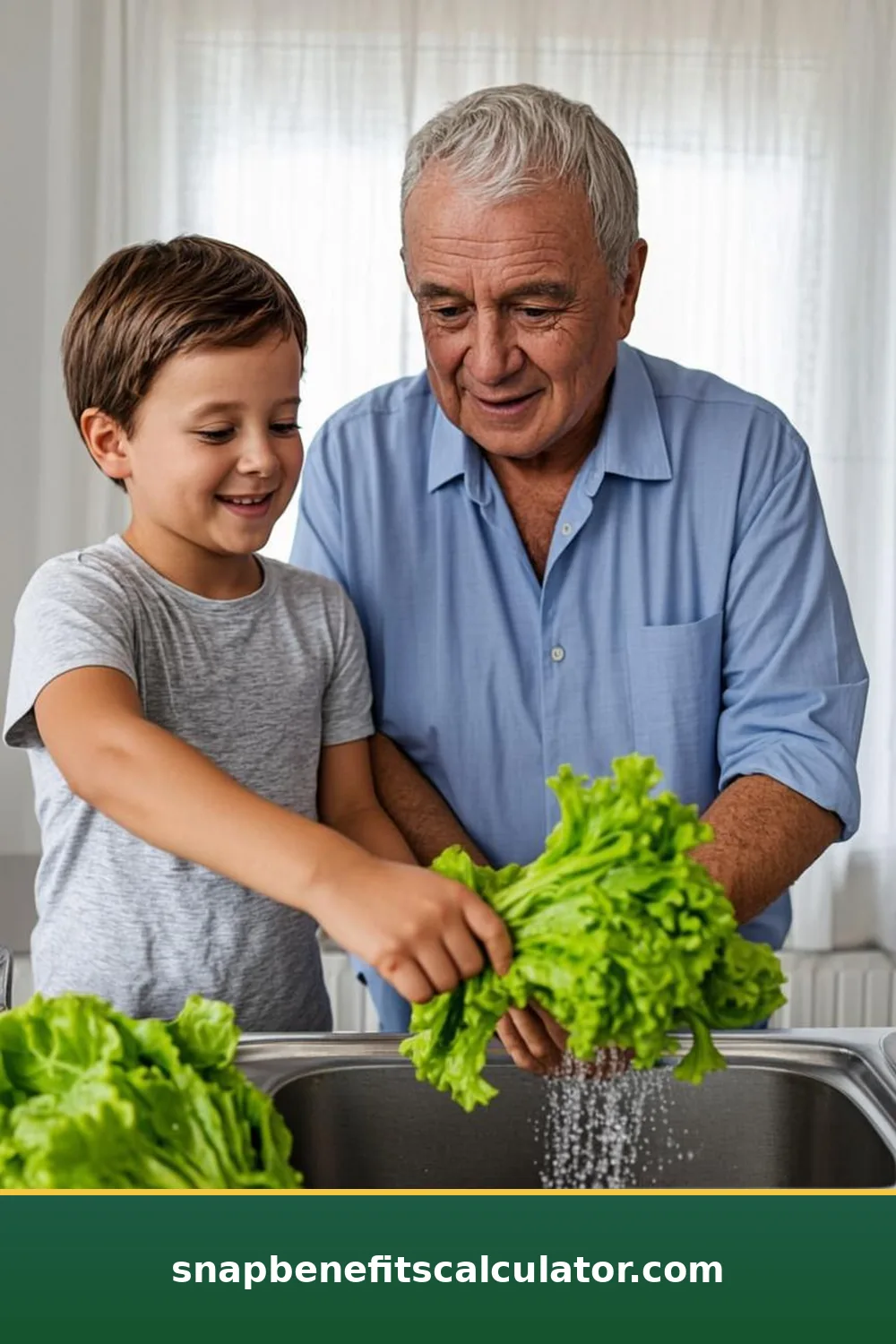 Grandfather and grandson preparing fresh vegetables together on a kitchen counter