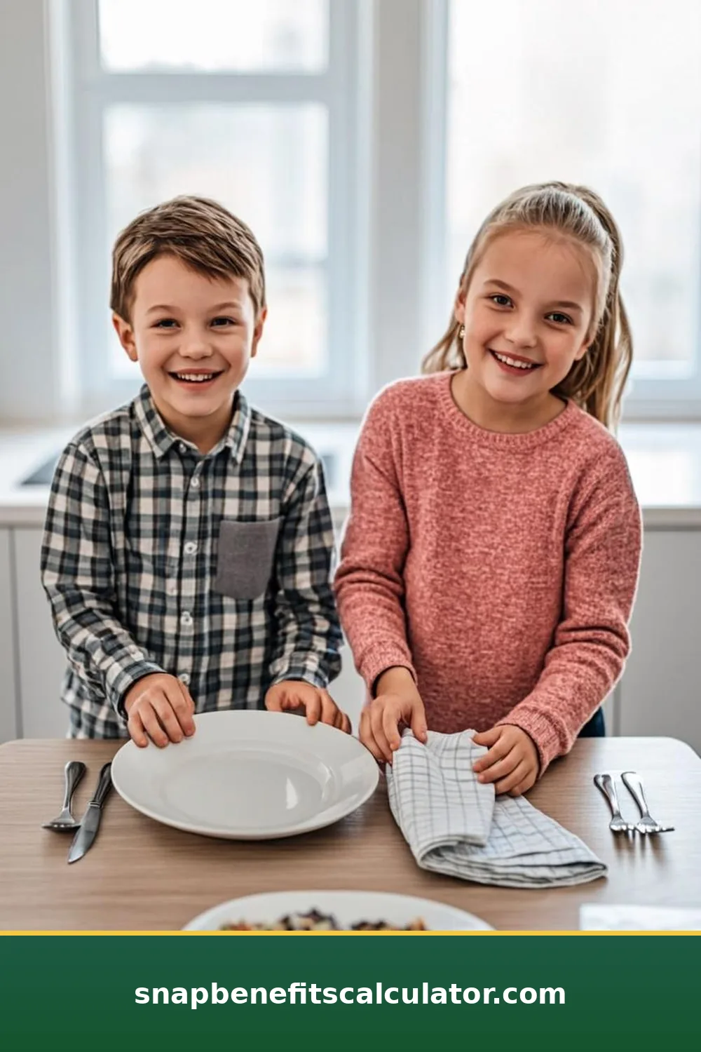 Children setting the dinner table with plates and cups at home