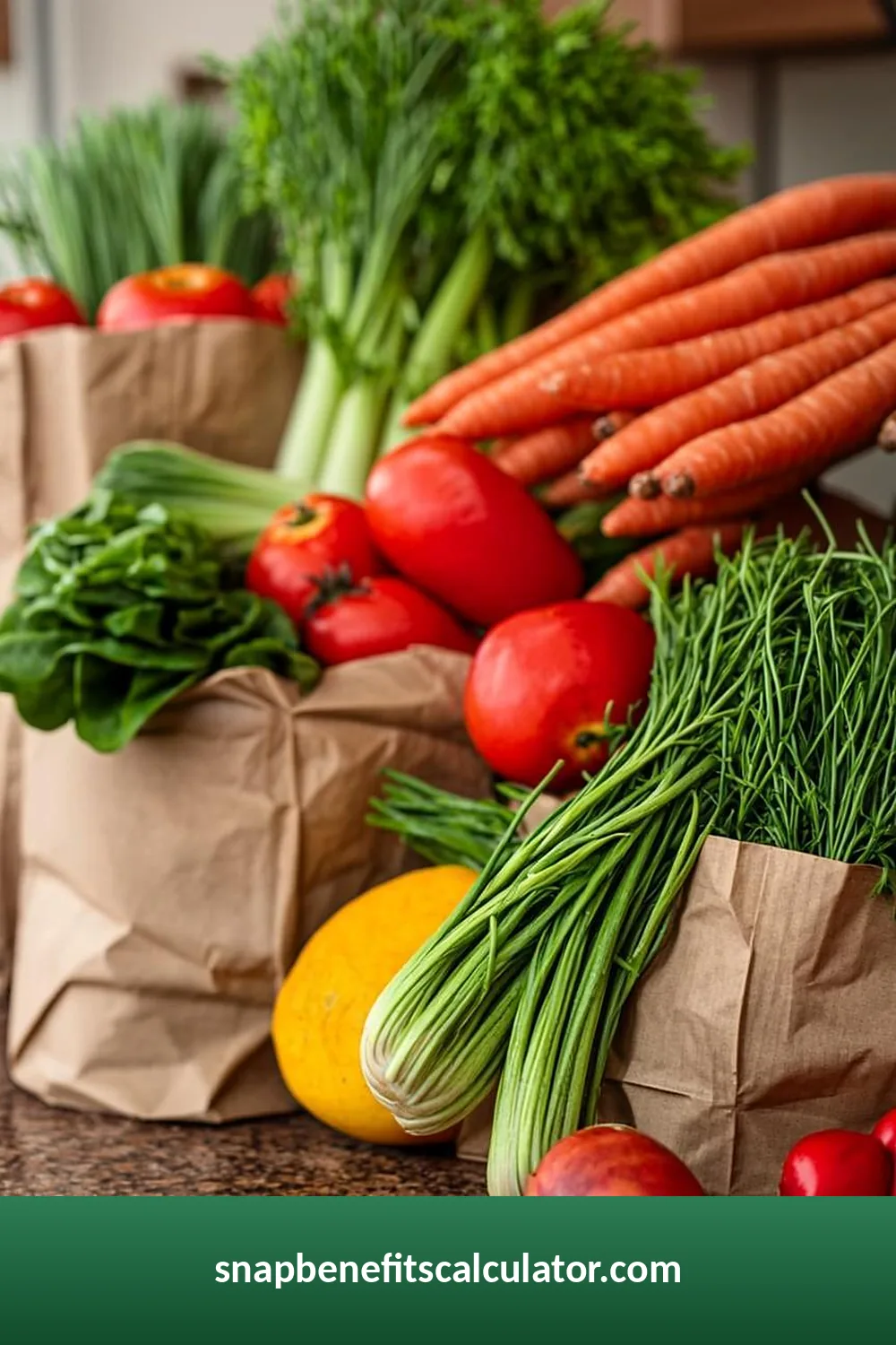 Large grocery haul with bags and boxes covering a kitchen counter