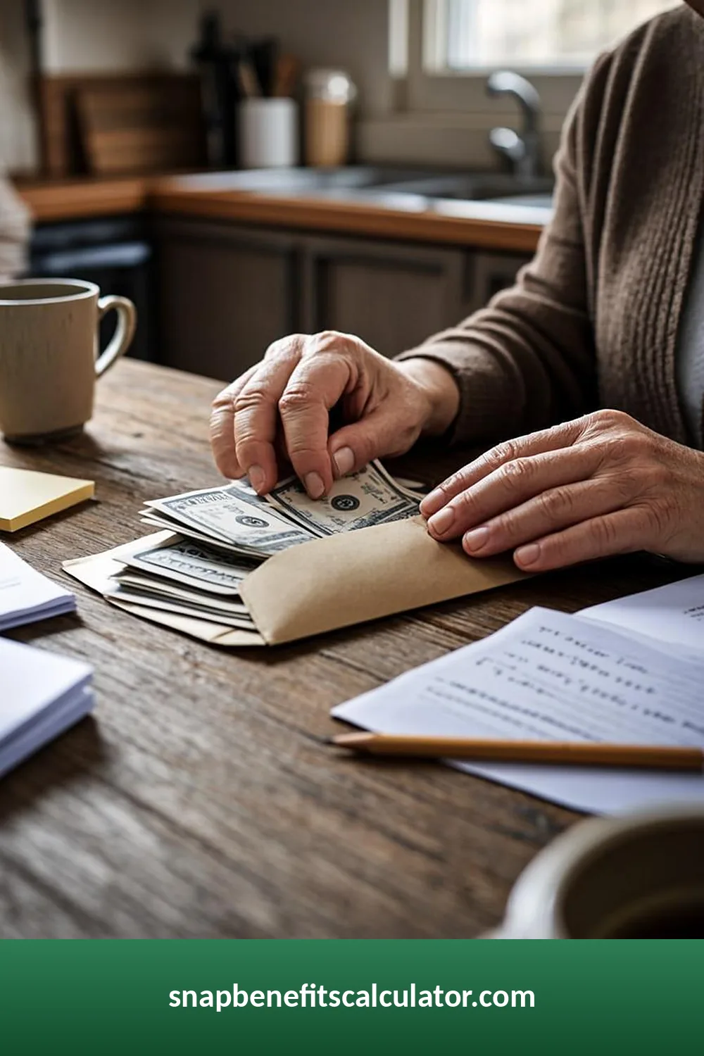 Cash budgeting envelopes next to a handwritten grocery list