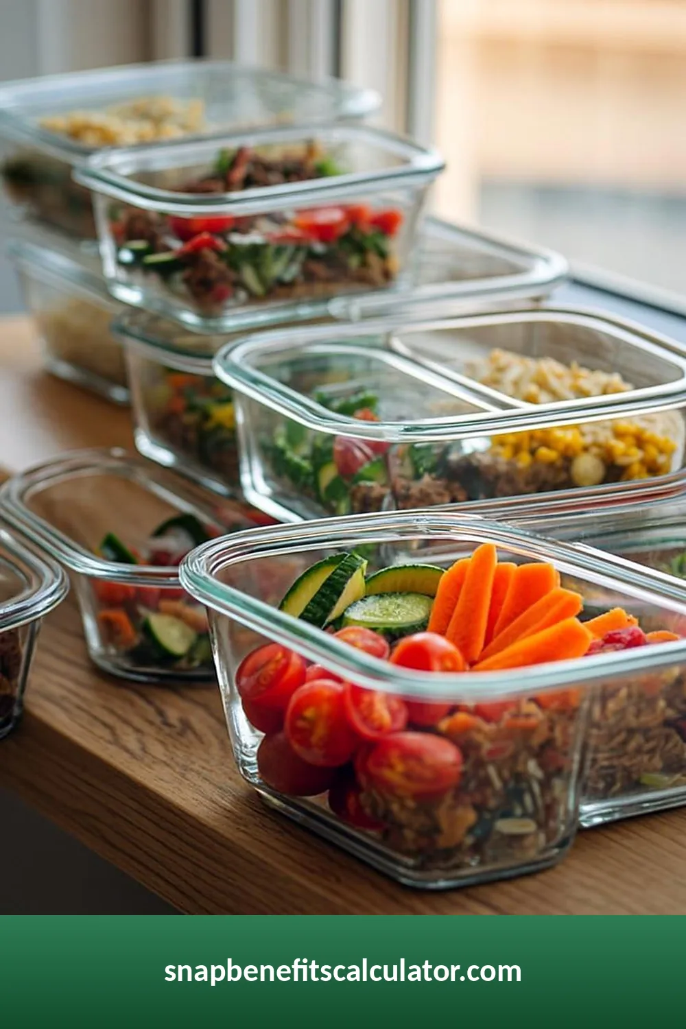 Weekly meal prep containers filled and lined up on a counter