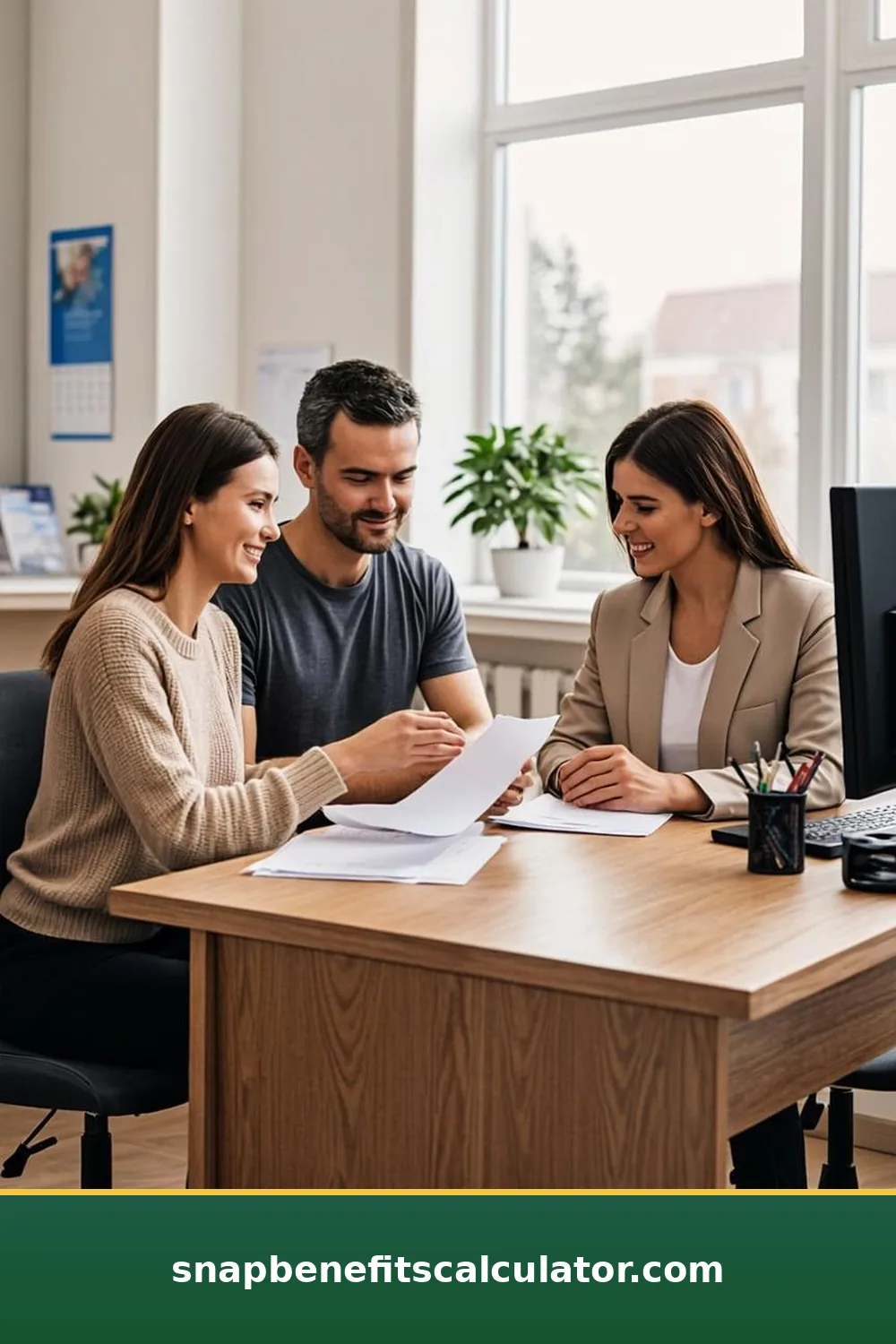 Caseworker explaining benefit documents to a family at a social services office