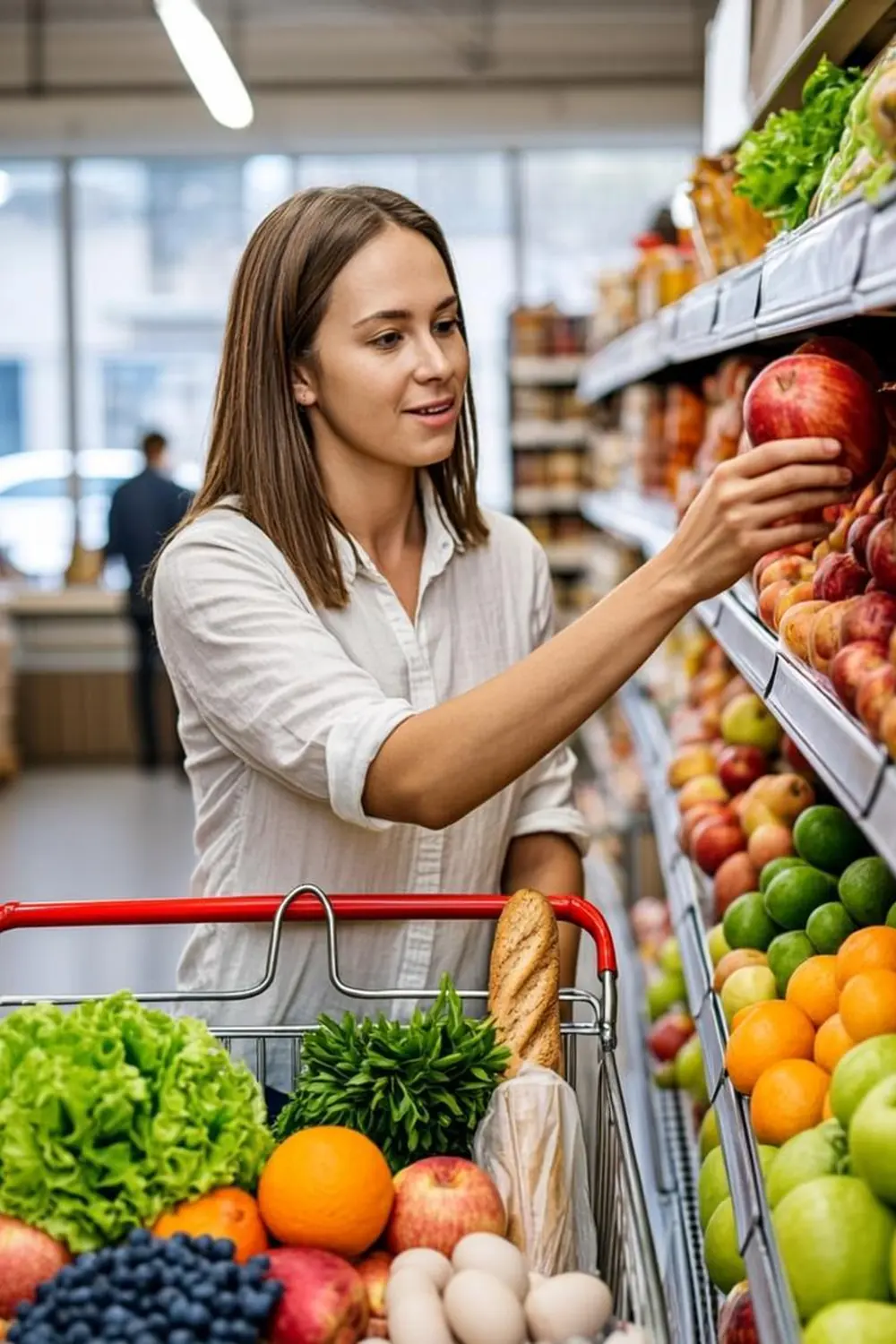 Mother comparing fresh produce prices in a Tennessee supermarket with a full cart