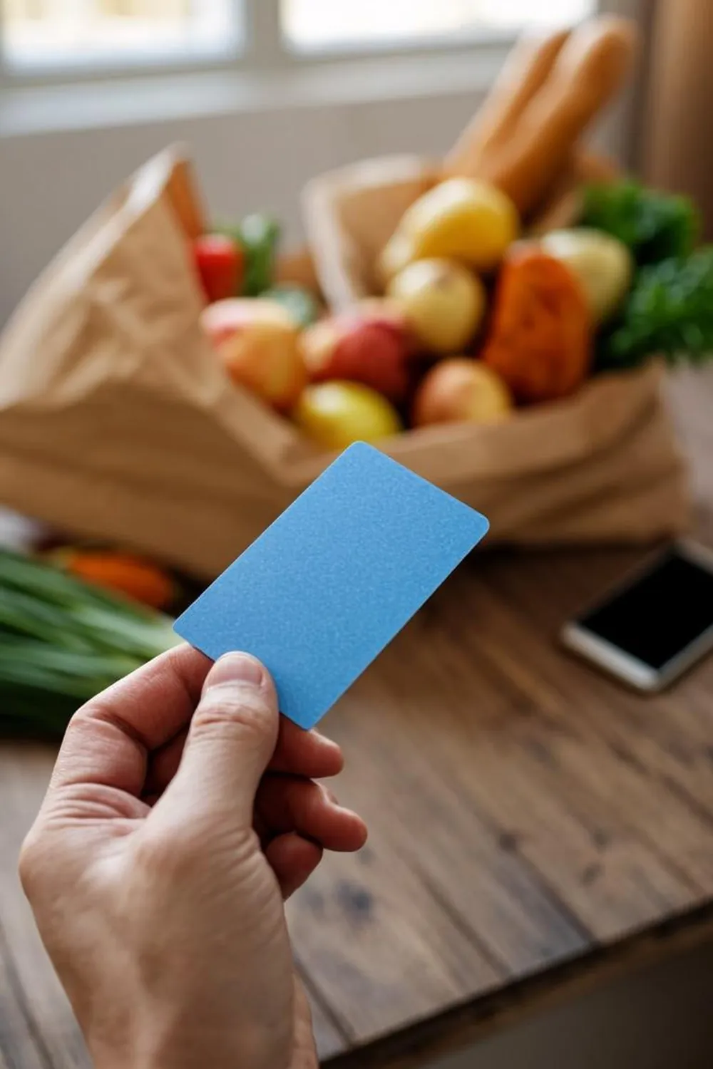 Hand holding a plain blue benefits card over a kitchen table with grocery bags