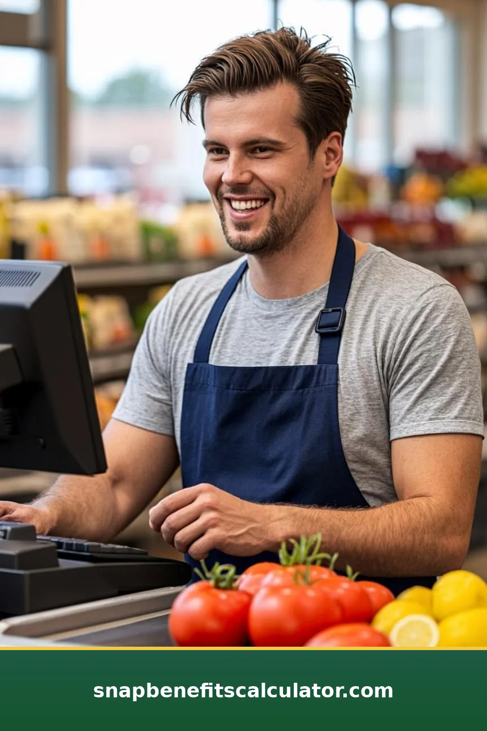 Cashier scanning groceries at a busy supermarket checkout counter