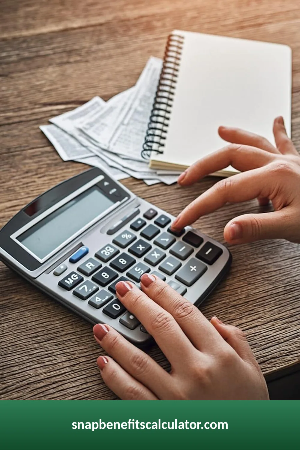 Five step formula showing how CalFresh benefits are calculated from gross income to final monthly amount