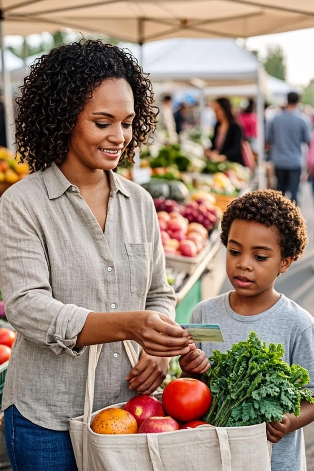 Black American mother and son picking fresh produce at a California farmers market with CalFresh Market Match doubling