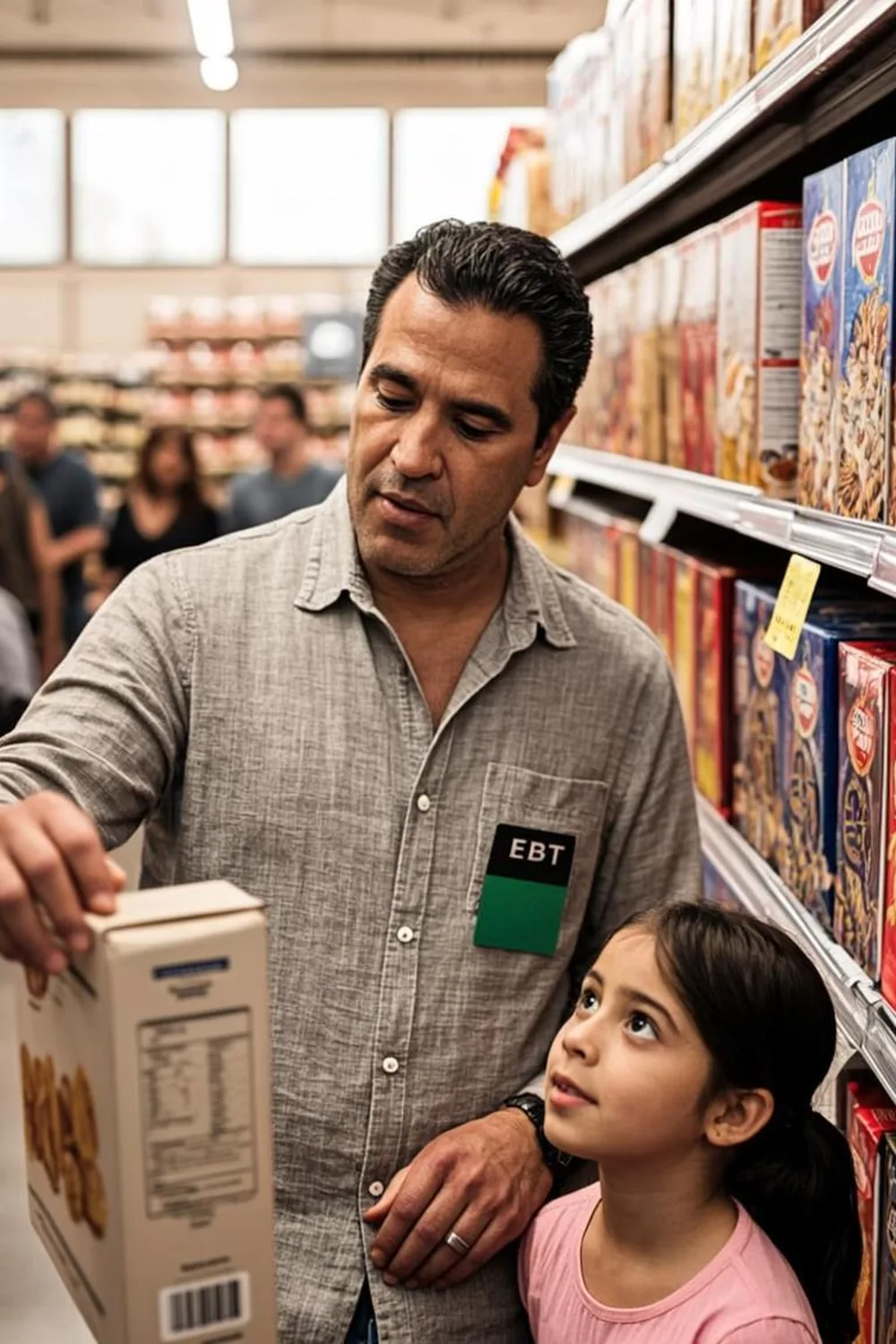 Hispanic American father and daughter comparing grocery prices in a California supermarket while budgeting CalFresh benefits